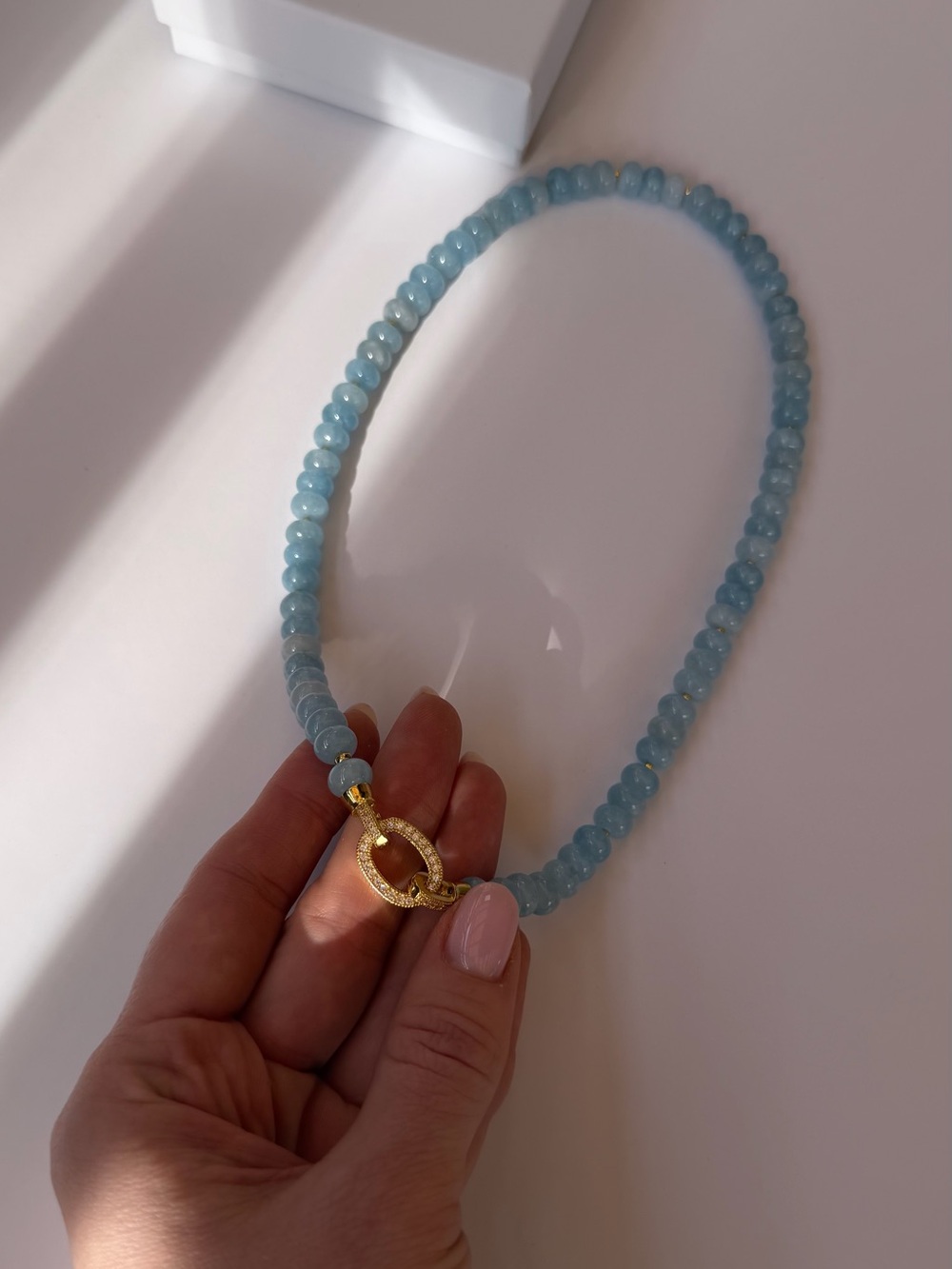 569 Aquamarine Beaded Necklace with Gold Clasp